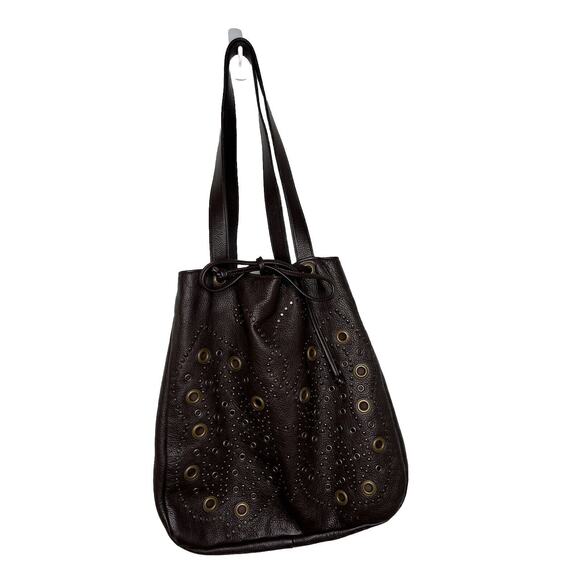 Y2K Hilton Weiner Leather Perforated Purse Studded Brown Bucket Bag Grommets - Picture 1 of 16